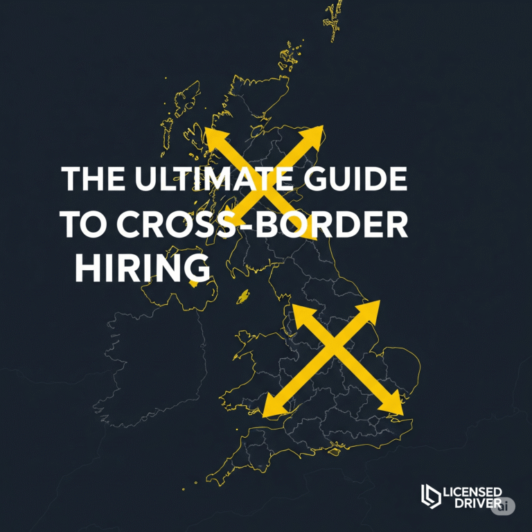 A graphic showing a map of the UK with yellow arrows crossing borders, illustrating the UK cross-border hiring rules for taxi and private hire.